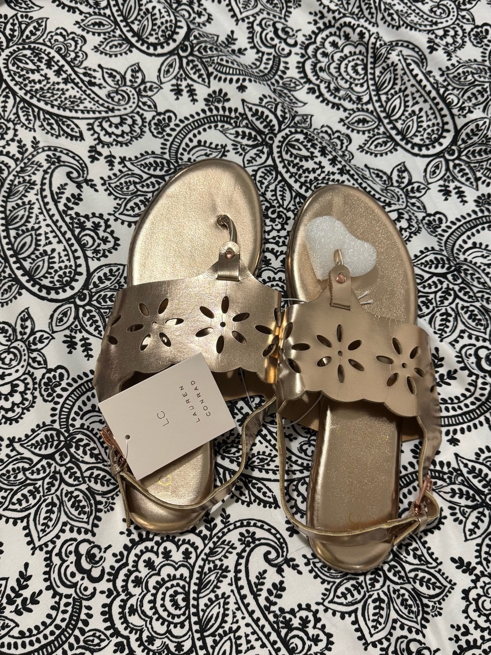 LC Lauren Conrad Metallic Gold Floral Cutout Sandals